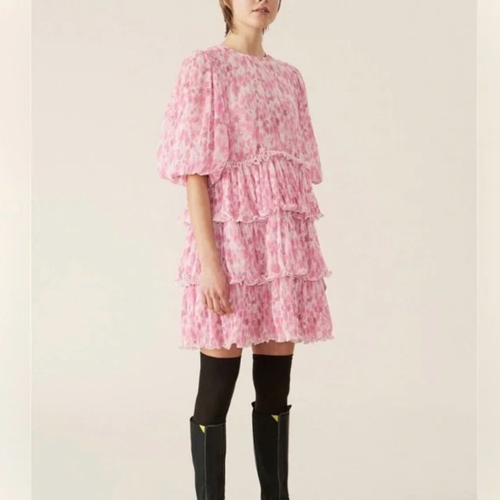 Ganni- Pink Printed Longsleeve Tiered Ruffle Mini Dress